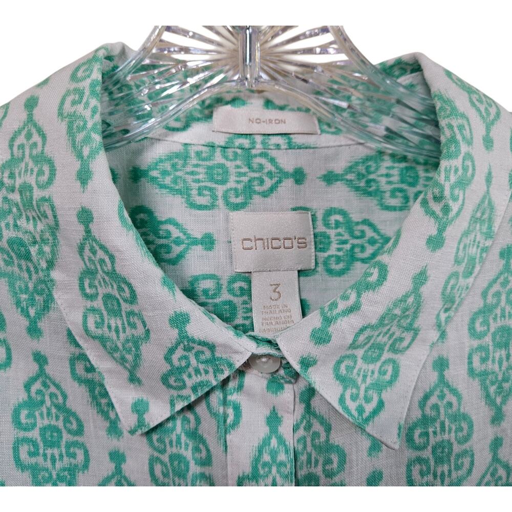 CHICO'S 3 Women XL Linen Tunic Blouse Button Up Teal White Medallion Coastal 44" - Picture 4 of 8